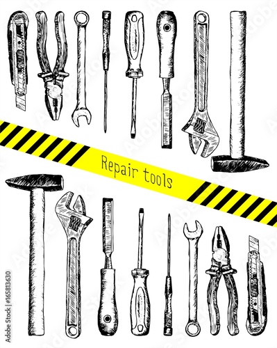 A set of sketch tools for repair. Hand-painted hammer, electrical tape,  nippers, pliers, screwdriver, awl, chisel, clerical knife. Vector  illustration. Instruments isolated over white background Stock Vector |  Adobe Stock