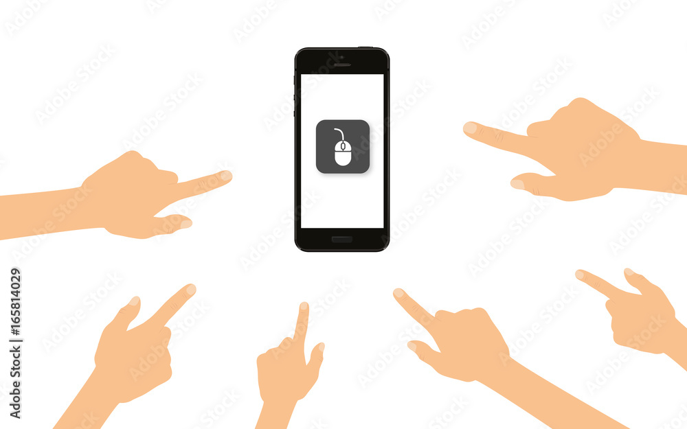 Finger zeigen auf Smartphone mit Computermaus Finger zeigen auf Smartphone mit Computermaus