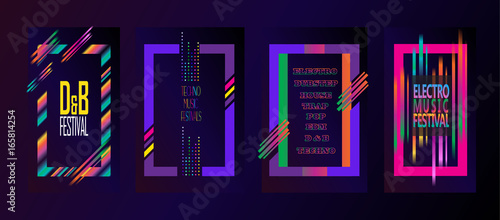Brochure cover design set. Dance Event, Pop, Music Modern Art poster. Night Club party invitation. Abstract gradients waves music background. Dynamic geometric multi colored frames. Neon Vector