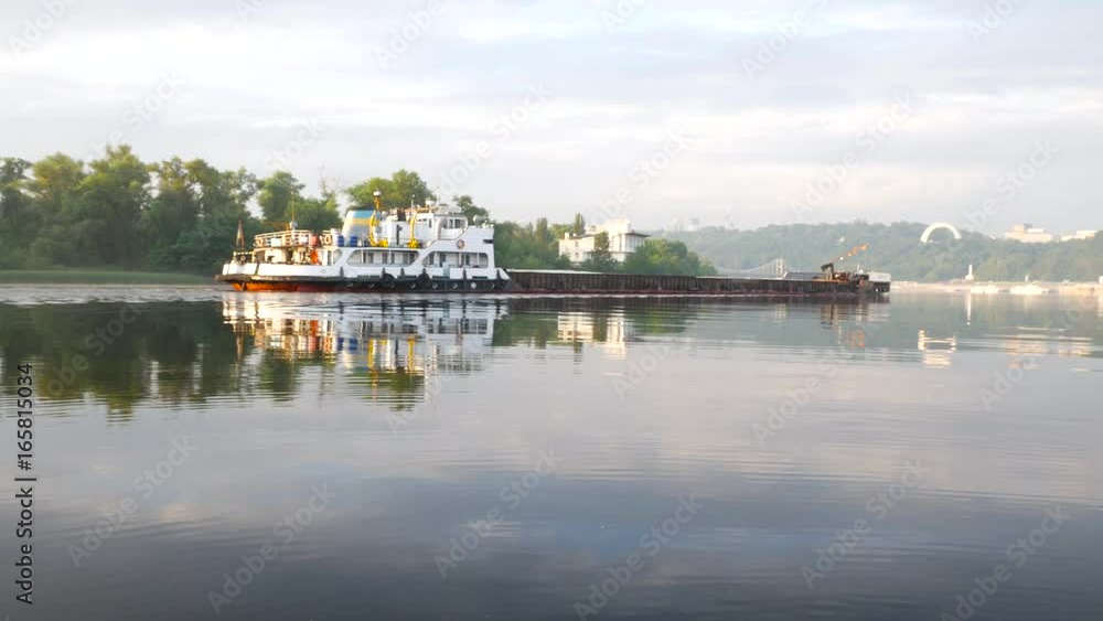 Ship with barge in the Dnepr river near Kiev Ship with barge in the Dnepr river near Kiev