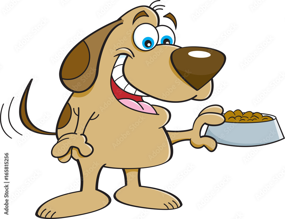 Cartoon illustration of a happy dog holding a dog food dish. Stock Vector |  Adobe Stock
