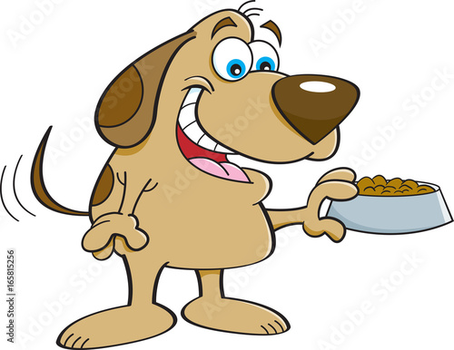 Cartoon illustration of a happy dog holding a dog food dish.