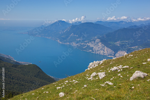 Spectacular aerial view from Monte Baldo to the mountain Garda Lake, Riva del Garda, Italy
