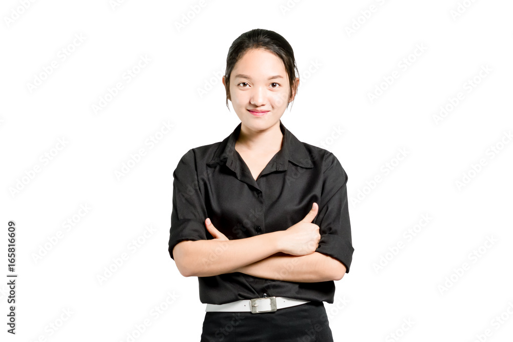 Portrait of a beautiful asian business woman smiling and showing thumb up. Isolated on white background with copy space and clipping path Portrait of a beautiful asian business woman smiling and showing thumb up. Isolated on white background with copy space and clipping path