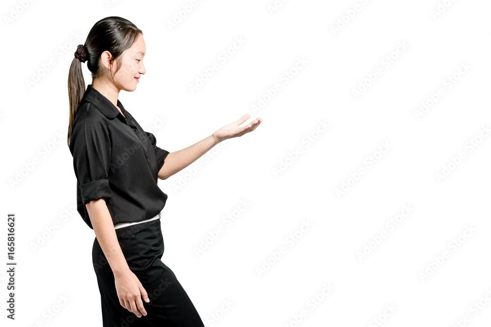 Portrait of a beautiful asian business woman smiling and pointed the finger to right side. Isolated on white background with copy space and clipping path Portrait of a beautiful asian business woman smiling and pointed the finger to right side. Isolated on white background with copy space and clipping path