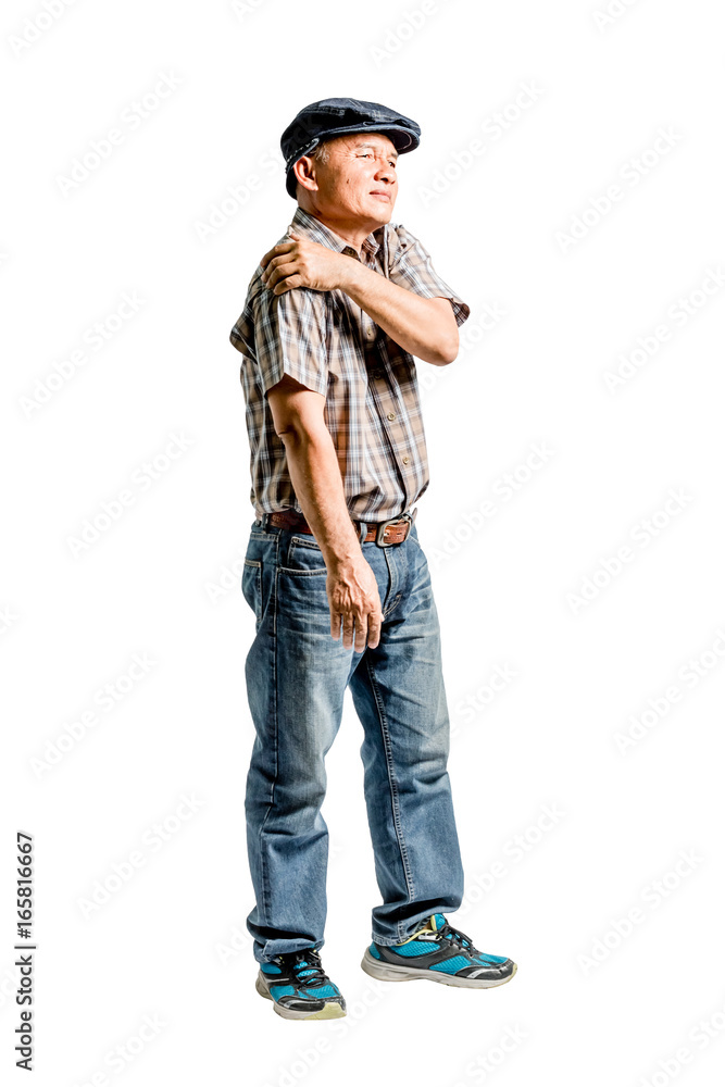 portrait of a mature man with a shoulder ache. Isolated full length on white background with clipping path portrait of a mature man with a shoulder ache. Isolated full length on white background with clipping path