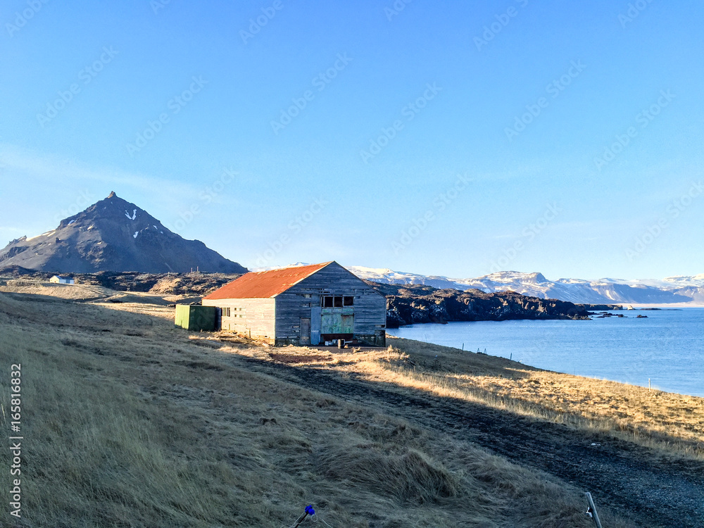 Farmhouse, seaside, mountain, blue sky, Arnarstapi, Iceland