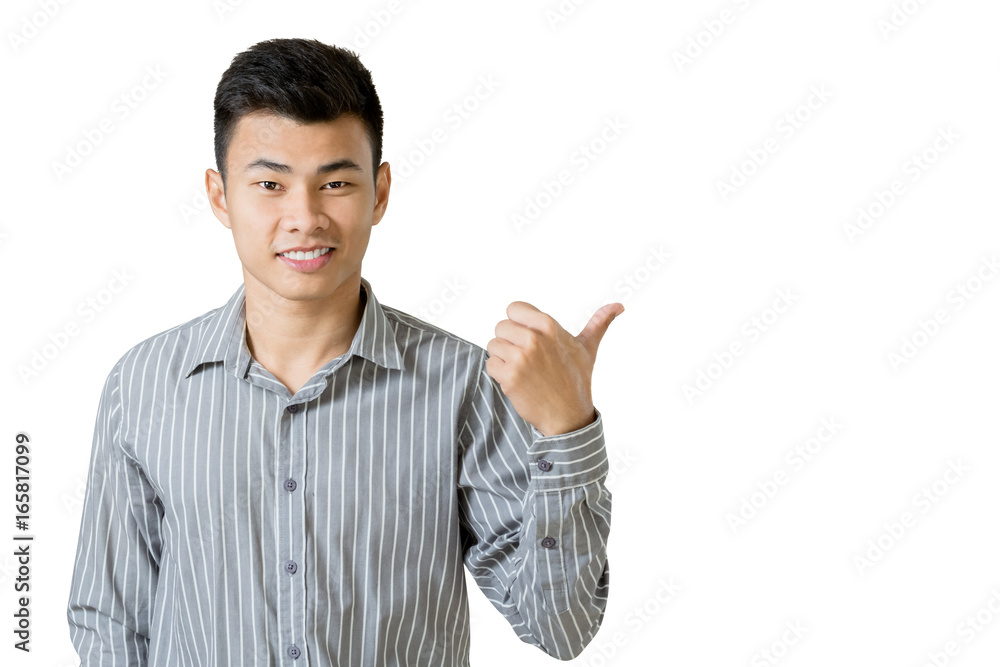 Portrait of a young businessman pointed the finger to right side. Isolated on white background with copy space and clipping path Portrait of a young businessman pointed the finger to right side. Isolated on white background with copy space and clipping path