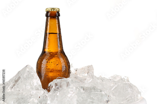 Beer in ice. Close up. White background