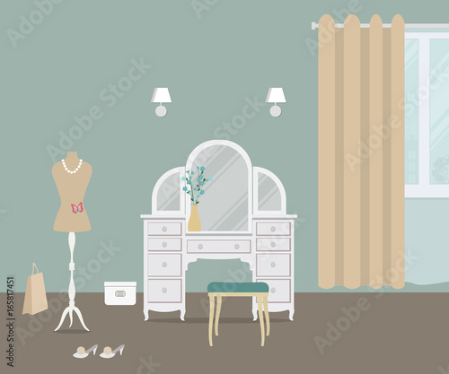 Fragment of bedroom in a blue color with a dressing table. There is also a dummy, a chair and other objects on a window background in the picture. Vector flat illustration