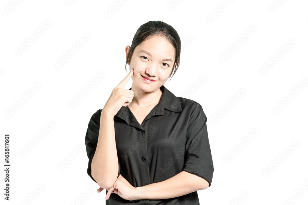Portrait of a beautiful asian business woman touching her face. Isolated on white background with clipping path Portrait of a beautiful asian business woman touching her face. Isolated on white background with clipping path