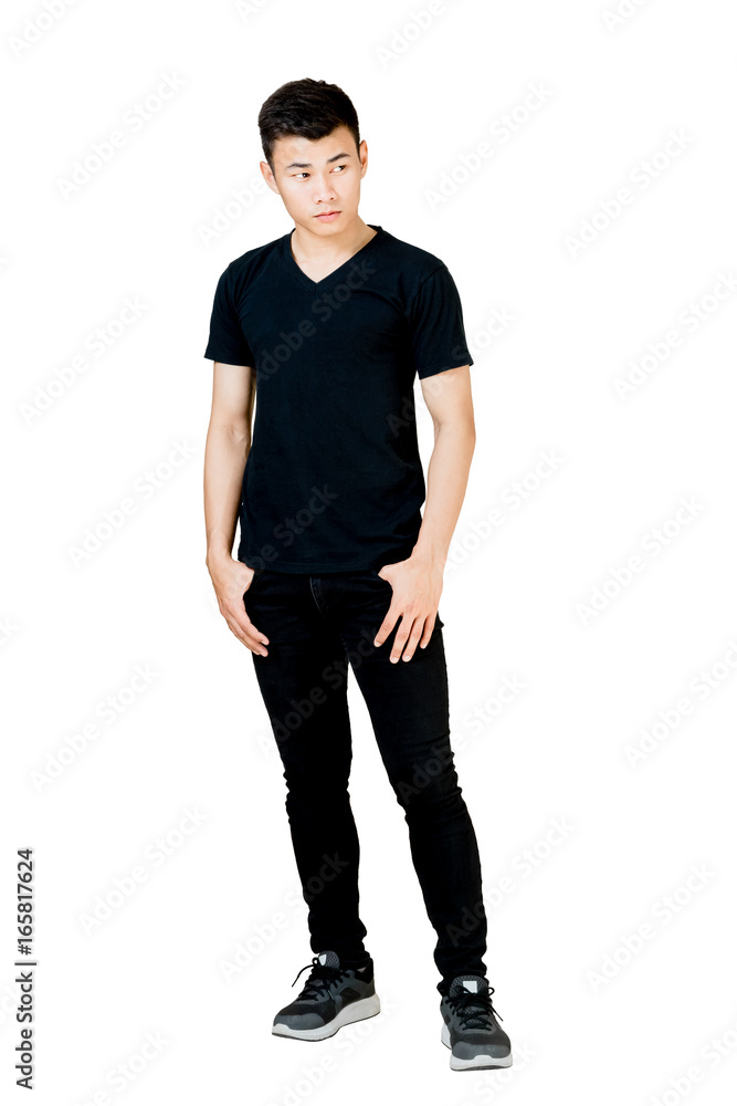 Portrait of a man standing in black t-shirt and black jeans. Isolated full length on white background with copy space and clipping path Portrait of a man standing in black t-shirt and black jeans. Isolated full length on white background with copy space and clipping path