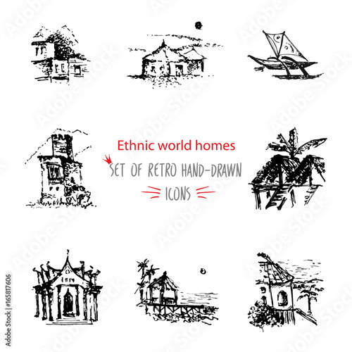 Hand-drawn sketch travel and vacation icon collection, different ethnic houses of world Black on white background
