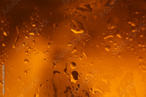 Drops on glass of beer. Close up. White background