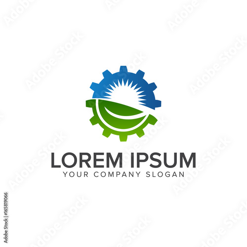 leaf sun gear logo. energy, industrial logo design concept template