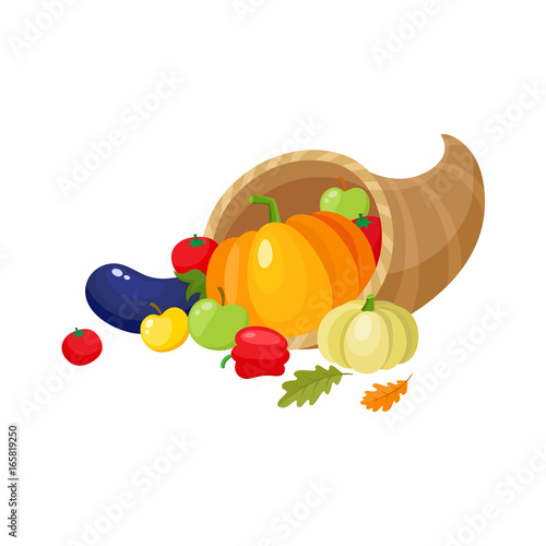 Cornucopia, horn of abundance, autumn harvest, fruits and vegetables, cartoon vector illustration isolated on white background. Cartoon cornucopia, horn of abundance, thanksgiving symbol, decoration