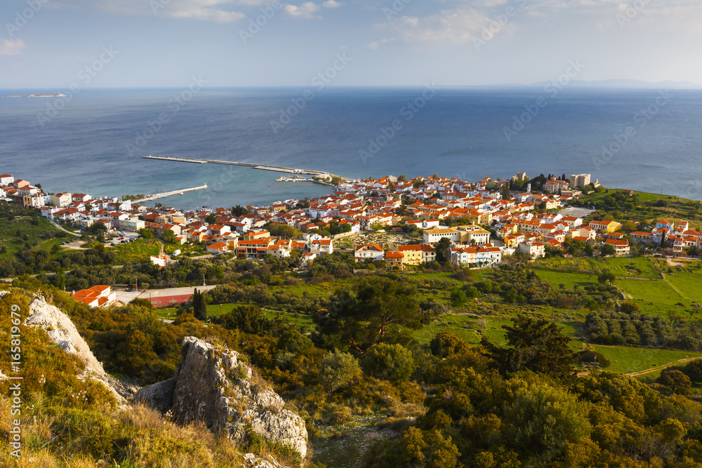 Pythagorio town on Samos island, Greece, as seen from a nearby hill. 
