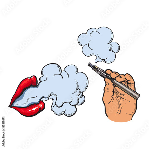Smoking concept - smoke coming out of female lips and electronic cigarette in male hand, sketch vector illustration isolated on white background. Smoking female lips and male handwith e-cigarette