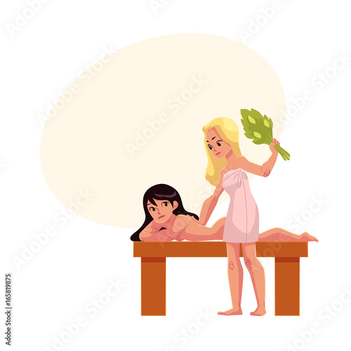 One woman massaging another with besom, bunch of birch branches, in sauna, cartoon vector illustration with space for text. Besom massage in spa sauna, two women spending time in bathhouse
