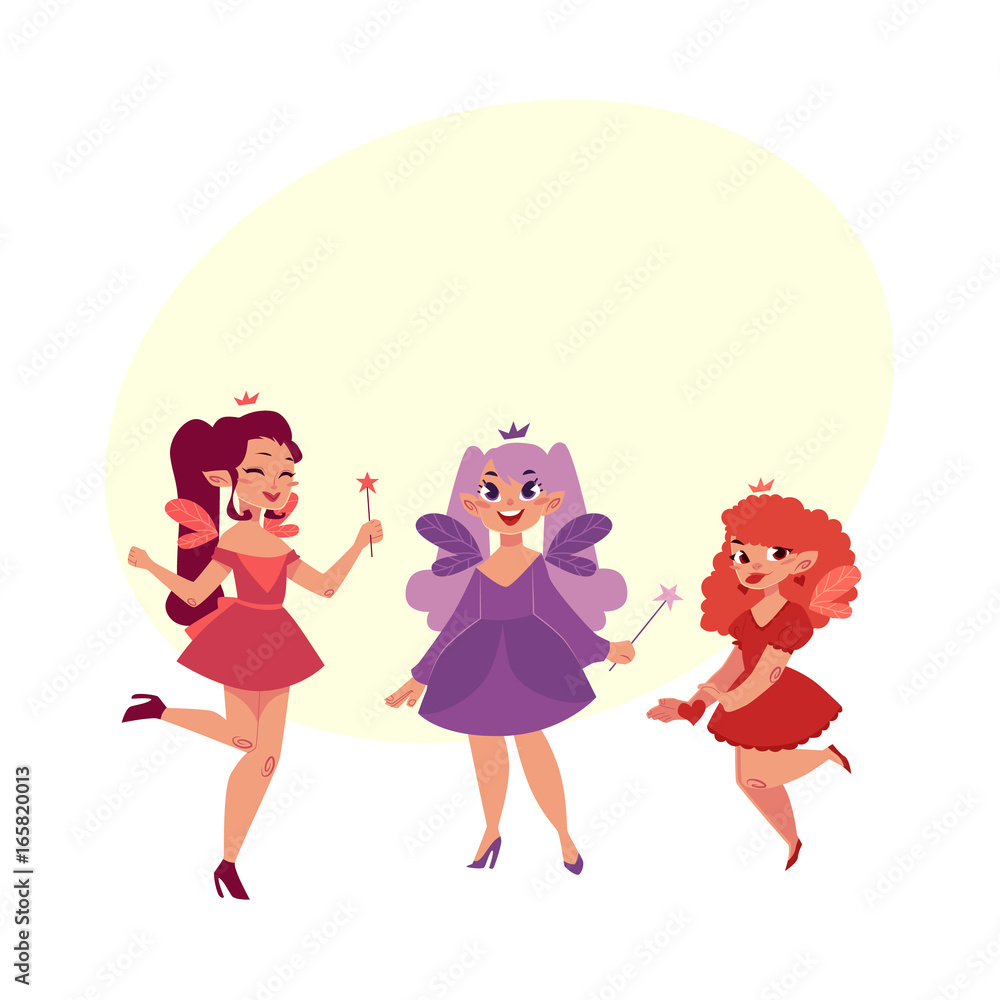 Set of fairy girls in colorful dresses with wings and wands, cartoon vector illustration with bubble speech. Happy, smiling fairy girls flying and standing in colorful dresses, holding wands Set of fairy girls in colorful dresses with wings and wands, cartoon vector illustration with bubble speech. Happy, smiling fairy girls flying and standing in colorful dresses, holding wands