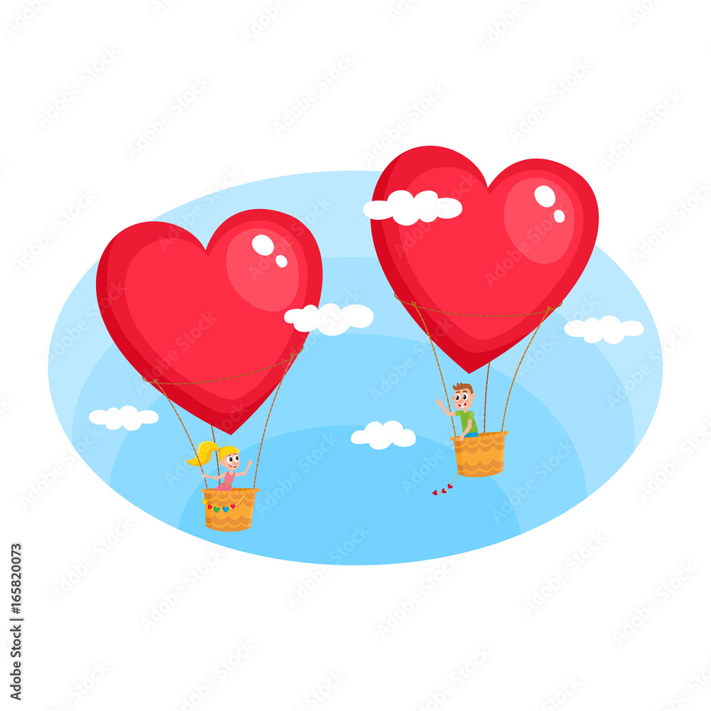 Loving couple, boy and girl, dating in cafe, flying in heart shaped hot air balloons to each other on the background, cartoon vector illustration. Loving couple dating in cafe, romantic relationships