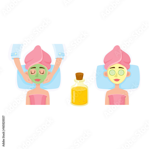 Young woman having facial mask applied by cosmetician and relaxing in spa salon, top view cartoon vector illustration on white background. Top view picture of woman getting facial mask in spa