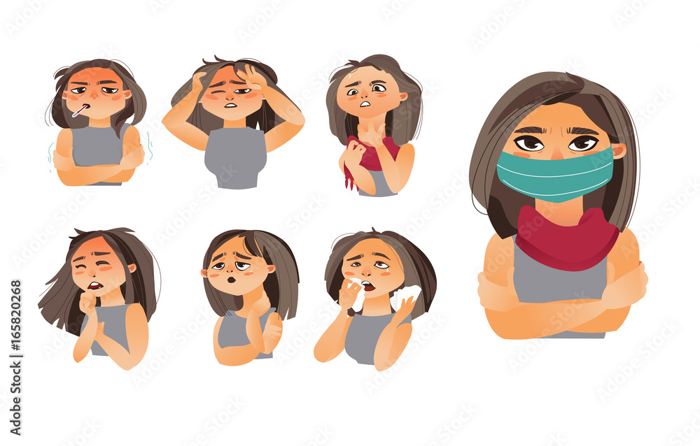 Female, woman head showing flu, influenza symptoms - headache, runny nose, sneezing, coughing, wearing medical mask, cartoon vector illustration isolated on white background. Set of flu symptoms Stock Vector | Adobe Stock Female, woman head showing flu, influenza symptoms - headache, runny nose, sneezing, coughing, wearing medical mask, cartoon vector illustration isolated on white background. Set of flu symptoms Stock Vector | Adobe Stock