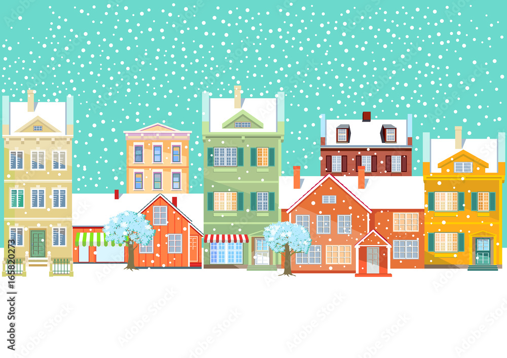 Städtische Winterlandschaft, verschneite Straße, Weihnachten