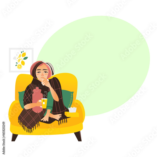 Woman sick, having cold, flu, sitting in armchair wrapped in blanket with paper tissues and hot tea, flat vector illustration isolated on white background. Flat style woman having flu, sitting on sofa