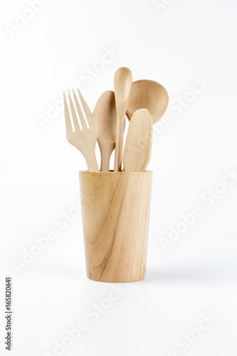 wood kitchen utensils isolated on white background