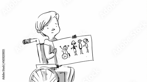 Little boy in a wheelchair. Kid with disabilities holding a drawing with other kids. Social message. Vector sketch