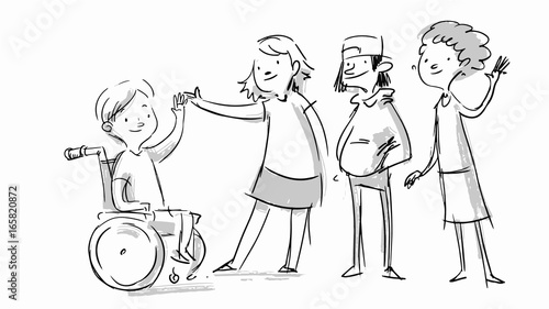 Little boy in a wheelchair. Kid with disabilities greeting people. Social message. Vector sketch