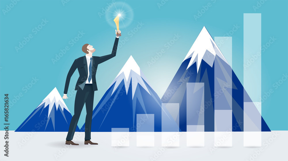 Successful businessman holding the trophy in front of mountains. Winning, leading and success theme illustration. Business concept collection. 