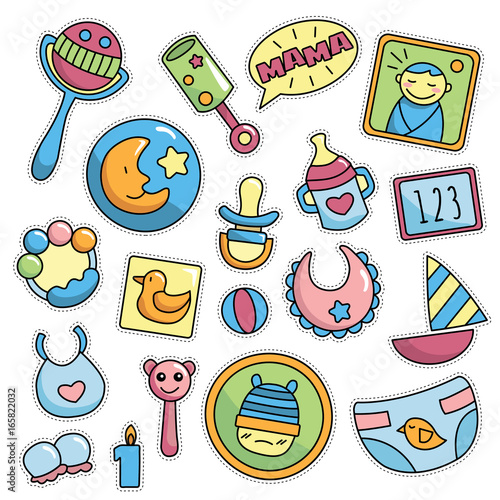 Modern Cute 80s-90s Retro Baby Isolated Fashion Cartoon Illustration Set Suitable for Badges, Pins, Sticker, Patches, Fabric, Denim, Embroidery and Other Girly Related Purpose