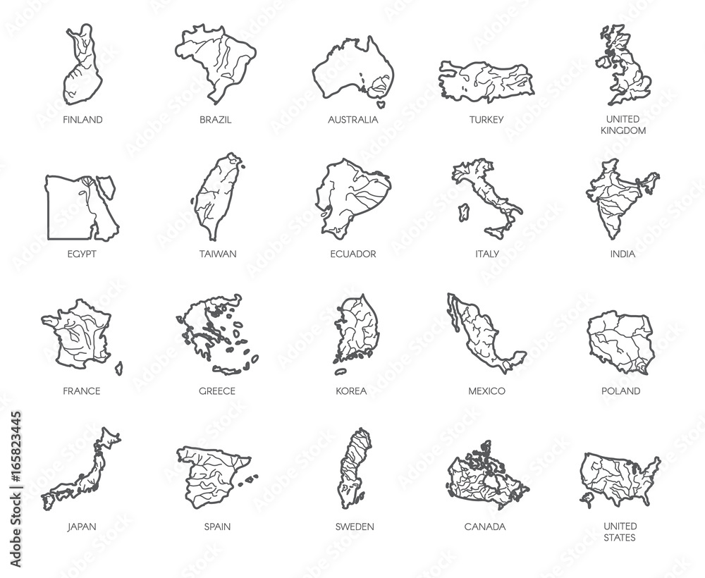 Obraz premium Zestaw 20 map w stylu liniowym z różnych krajów - Anglii, Ameryki, Azji, Europy. Ikona na białym tle konturu atlasu, kartografii, projektów edukacyjnych, artykułów, witryn turystycznych i innych potrzeb projektowych
