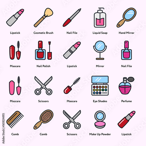 Beauty Cosmetic Minimalistic Flat Line Outline Stroke Icon Pictogram Symbol Set Collection