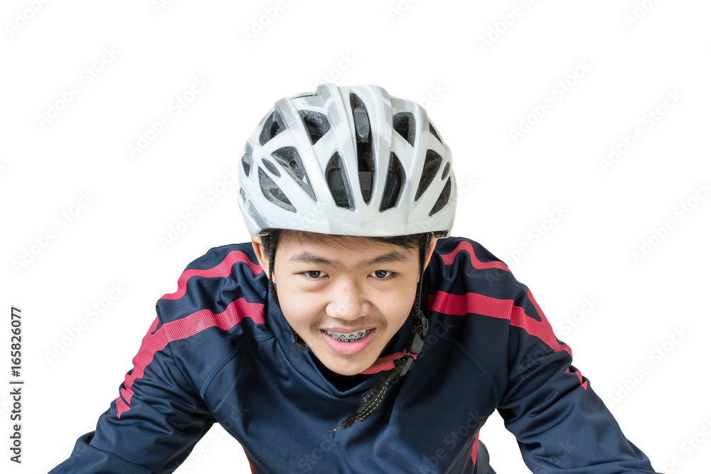 Portrait of an asian man cyclist with helmet and sportswear. Isolated on white background with clipping path Portrait of an asian man cyclist with helmet and sportswear. Isolated on white background with clipping path