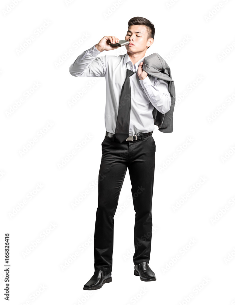 Portrait of an asian business man drinking an alcohol. Isolated on white background with clipping path Portrait of an asian business man drinking an alcohol. Isolated on white background with clipping path