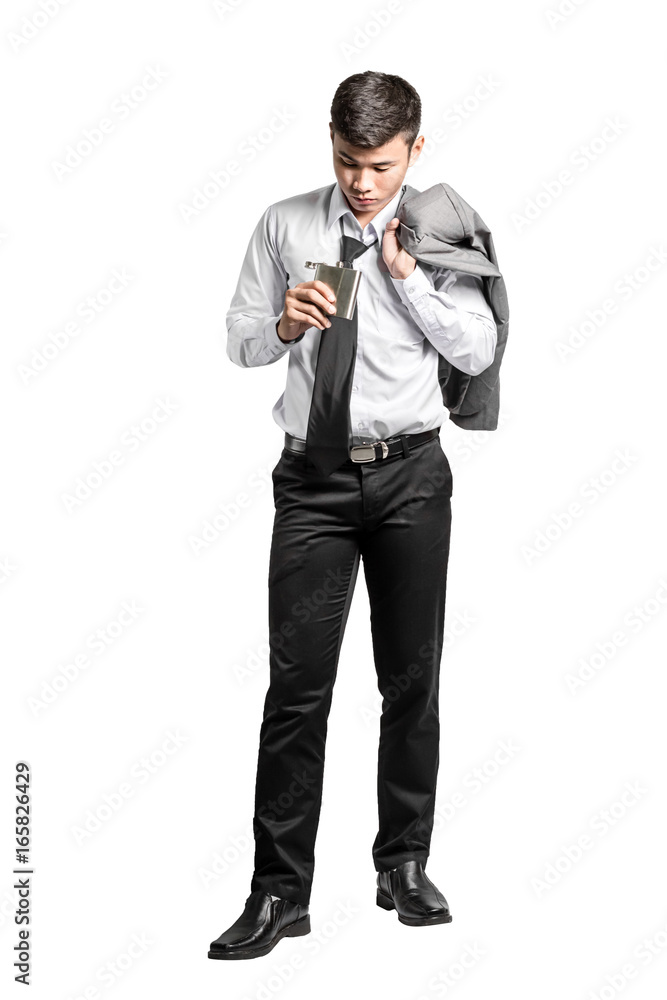 Portrait of an asian business man drinking an alcohol. Isolated on white background with clipping path Portrait of an asian business man drinking an alcohol. Isolated on white background with clipping path