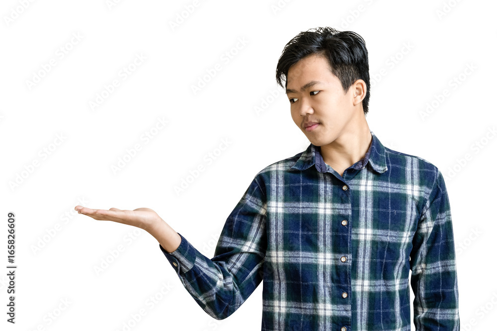 Portrait of a young businessman pointed his hand to left side. Isolated on white background with copy space and clipping path Portrait of a young businessman pointed his hand to left side. Isolated on white background with copy space and clipping path