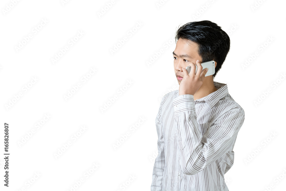 Portrait of a young asian businessman using smart phone. Isolated on white background with copy space and clipping path Portrait of a young asian businessman using smart phone. Isolated on white background with copy space and clipping path