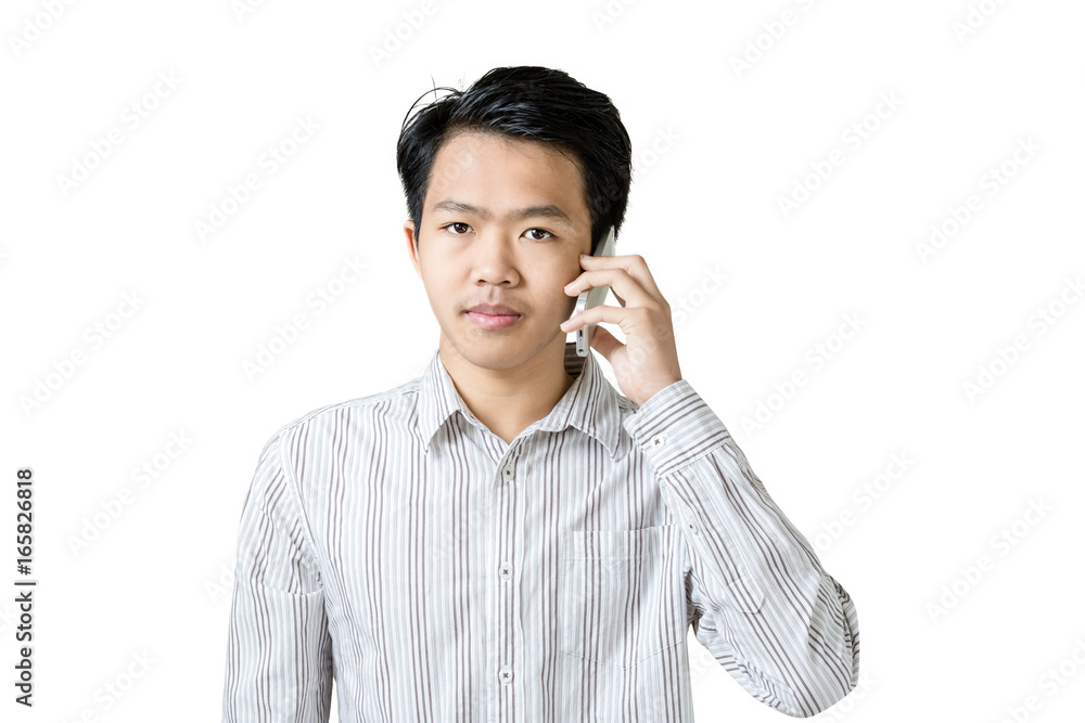 Portrait of a young asian businessman using smart phone. Isolated on white background with copy space and clipping path Portrait of a young asian businessman using smart phone. Isolated on white background with copy space and clipping path