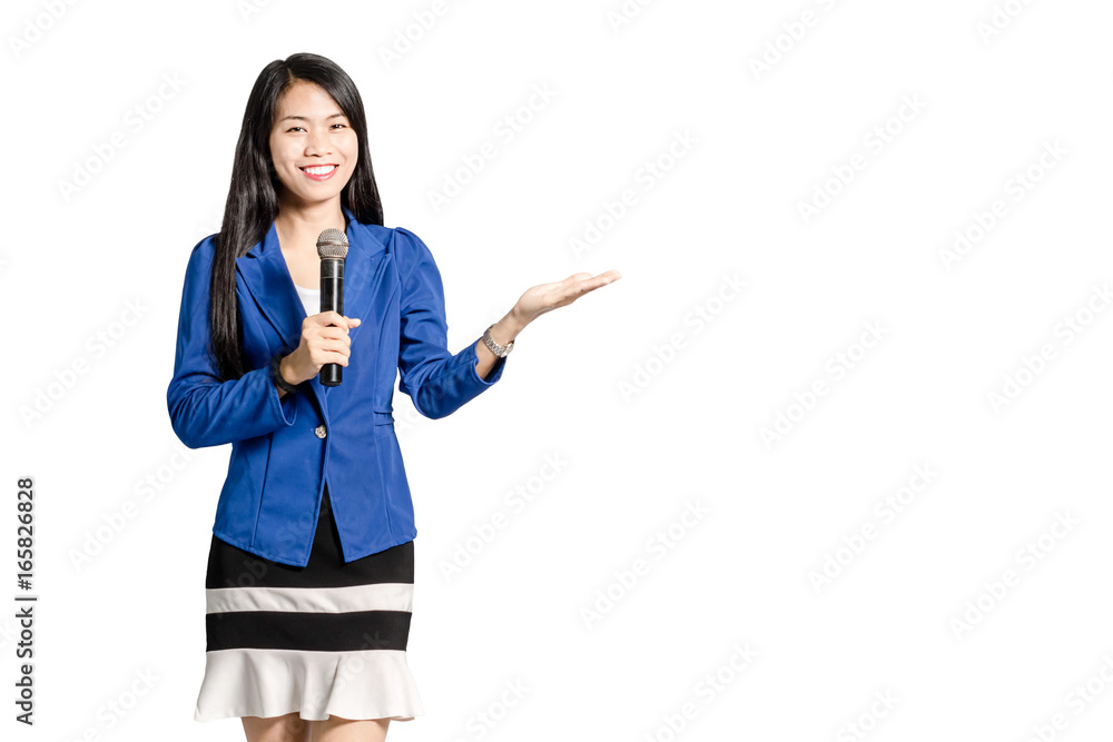 Portrait of a young business woman smiling with microphone. Isolated on white background with copy space and clipping path Portrait of a young business woman smiling with microphone. Isolated on white background with copy space and clipping path