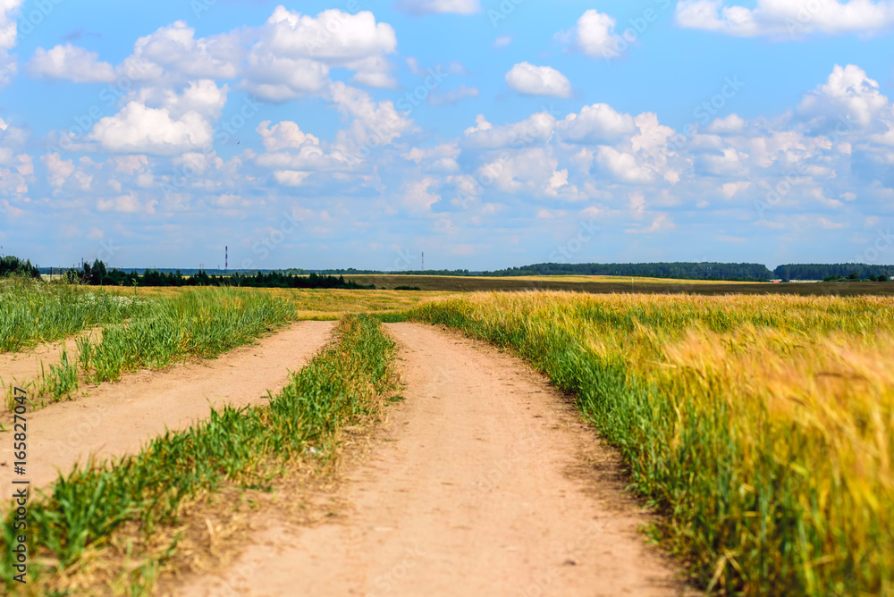 Road in a field against a background of clouds