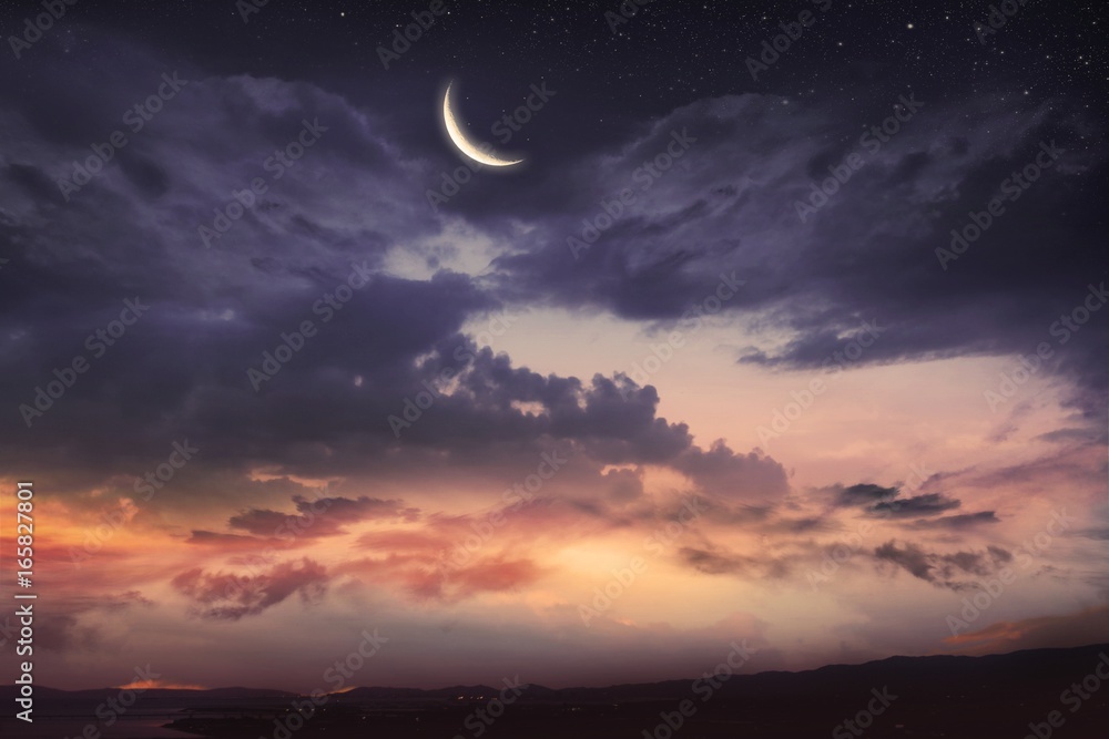 Prayer time . Dramatic nature background . Red sunset and moon . Ramadan background . Arab night . Prayer time