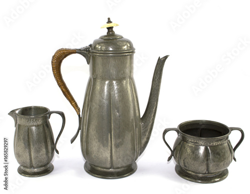 Old Fashioned Pewter Coffee Service on White Background