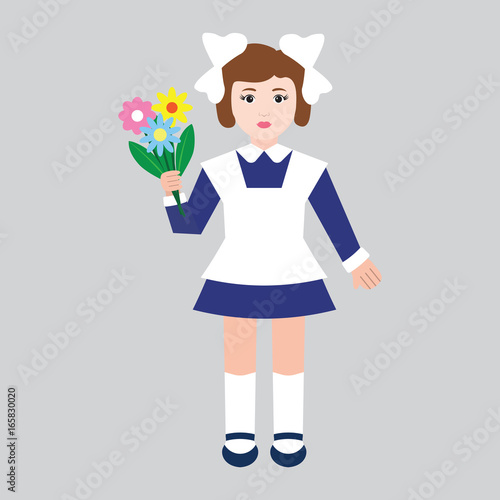First grader girl with flowers in retro school uniform