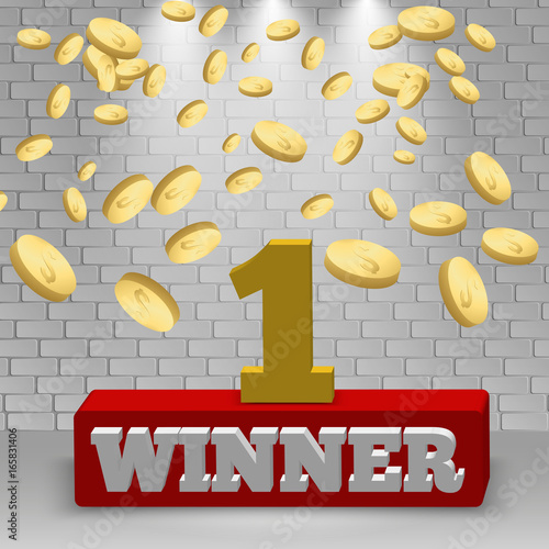 Vector Number one winner cup light background. Gold coins falling down on wall background