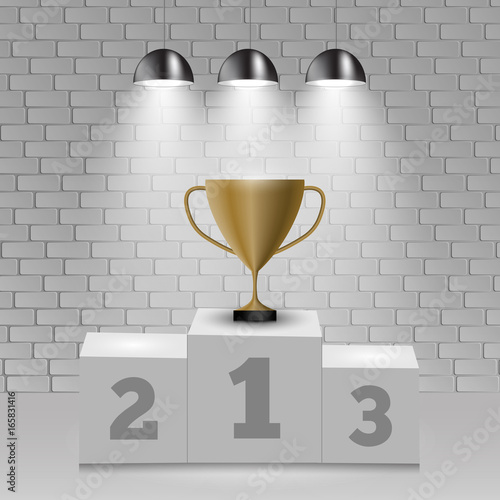 White winners podium and golden cup light on wall background. Vector Illustration photo