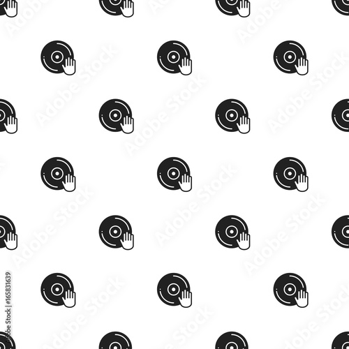 Vinyl record disco dance nightlife seamless pattern. DJ disk jockey turntable icon. Party celebration decor elements. Vector illustration. Background. Black and white graphic texture.